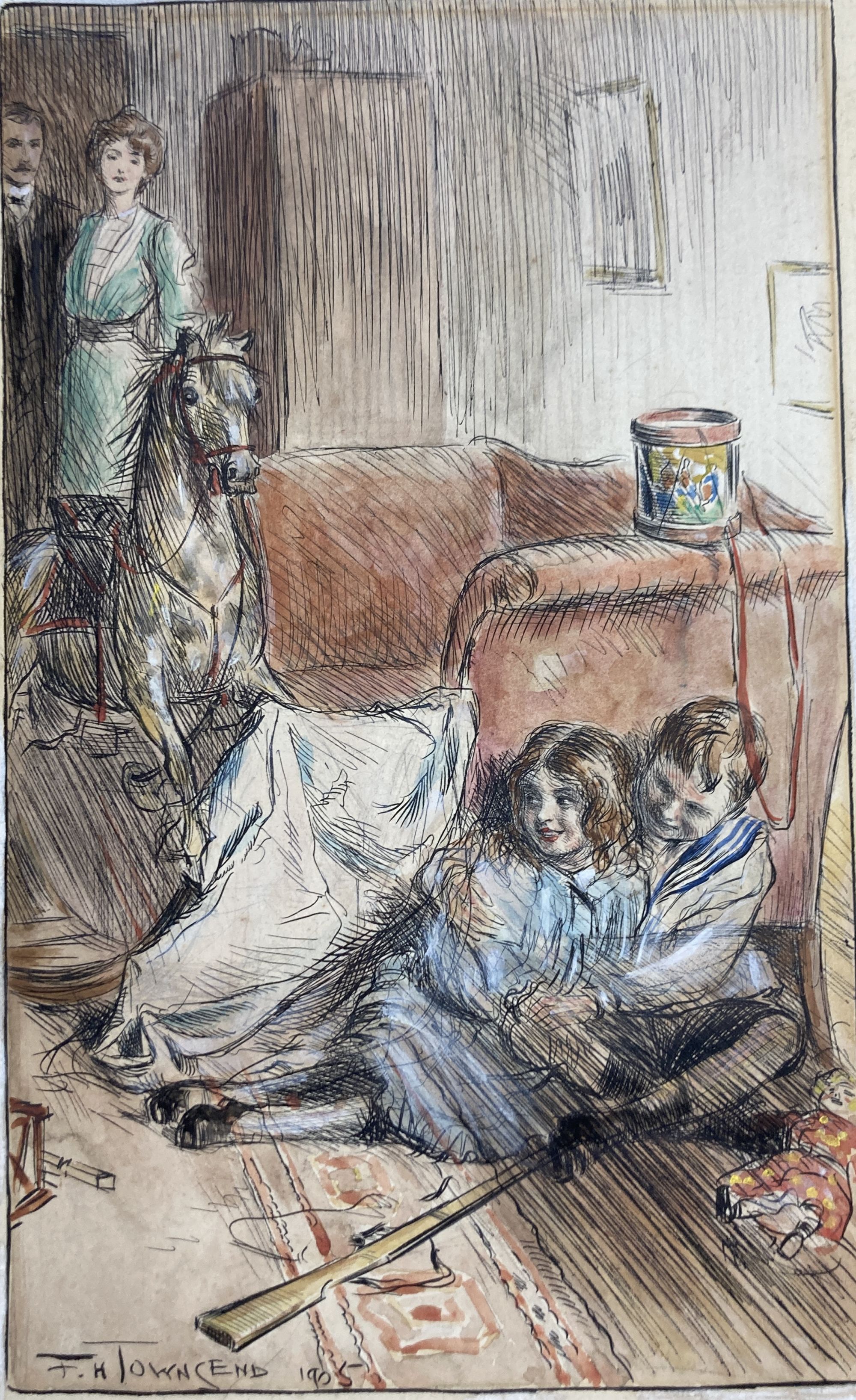 Frederick Townsend (1868-1920), ink and watercolour, book illustration, Christmas Morning, signed and dated 1905, 30 x 18cm, unframed